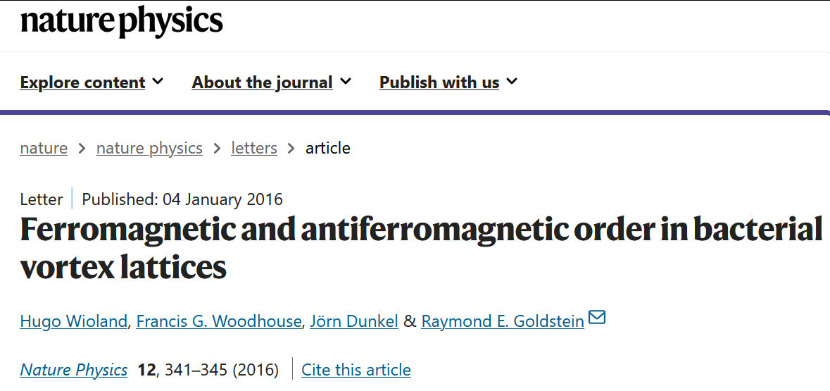 Screenshot of the Article Page. Source: Wioland, H., Woodhouse, F. G., Dunkel, J., & Goldstein, R. E. (2016). Ferromagnetic and antiferromagnetic order in bacterial vortex lattices. Nature physics, 12(4), 341-345.